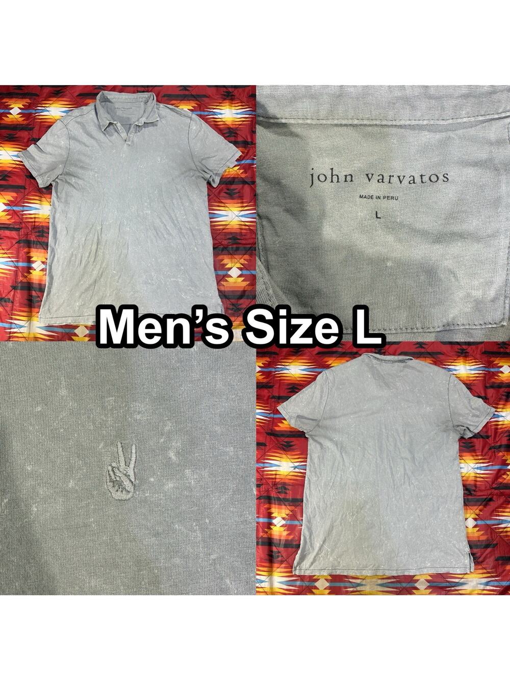 John Varvatos Polo Shirt Men’s Size Large Gray Acid Wash Cotton Peace Logo